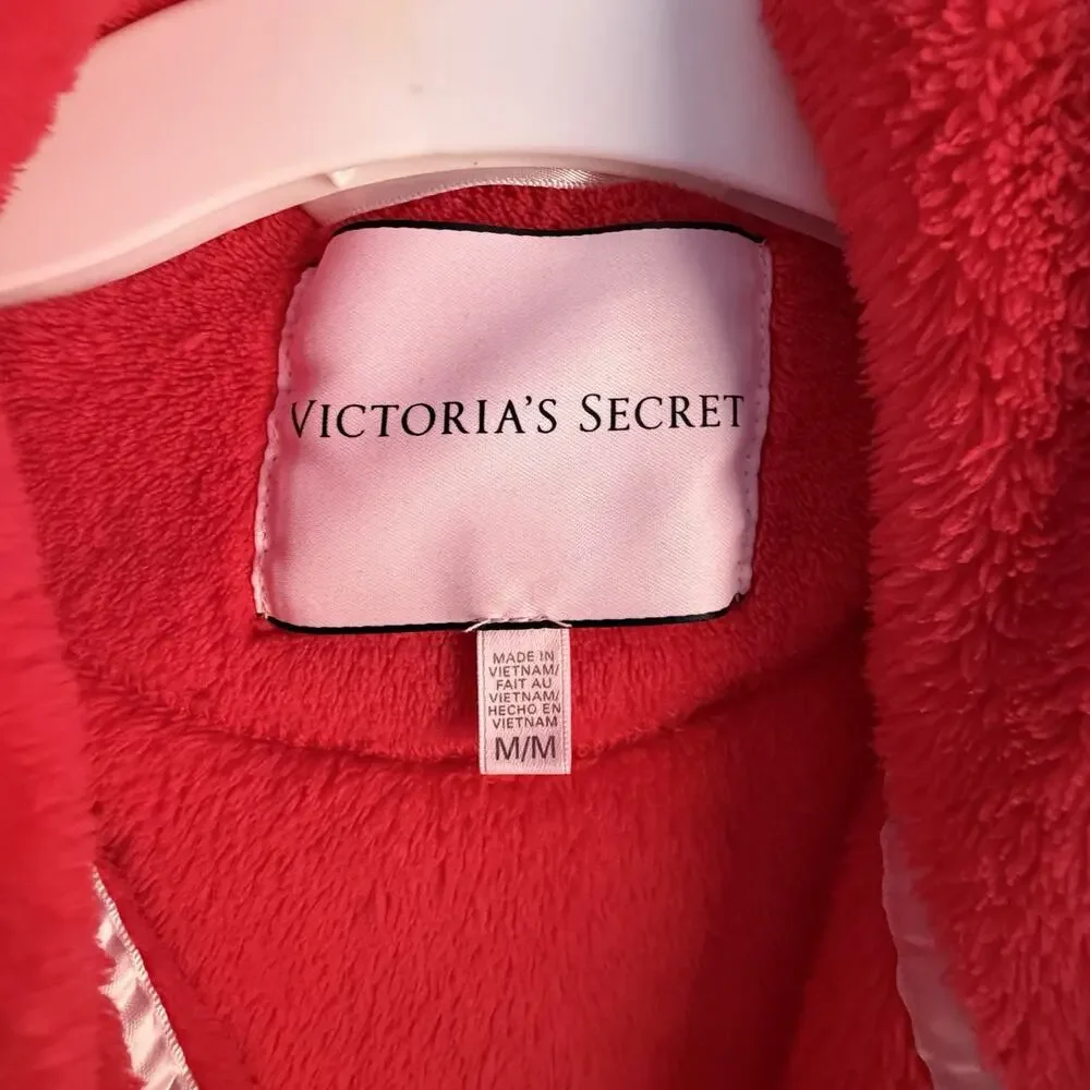 VICTORIA'S SECRET Cozy Plush Sherpa Hooded Robe Red Fleece Short Sexy Pom Pom M